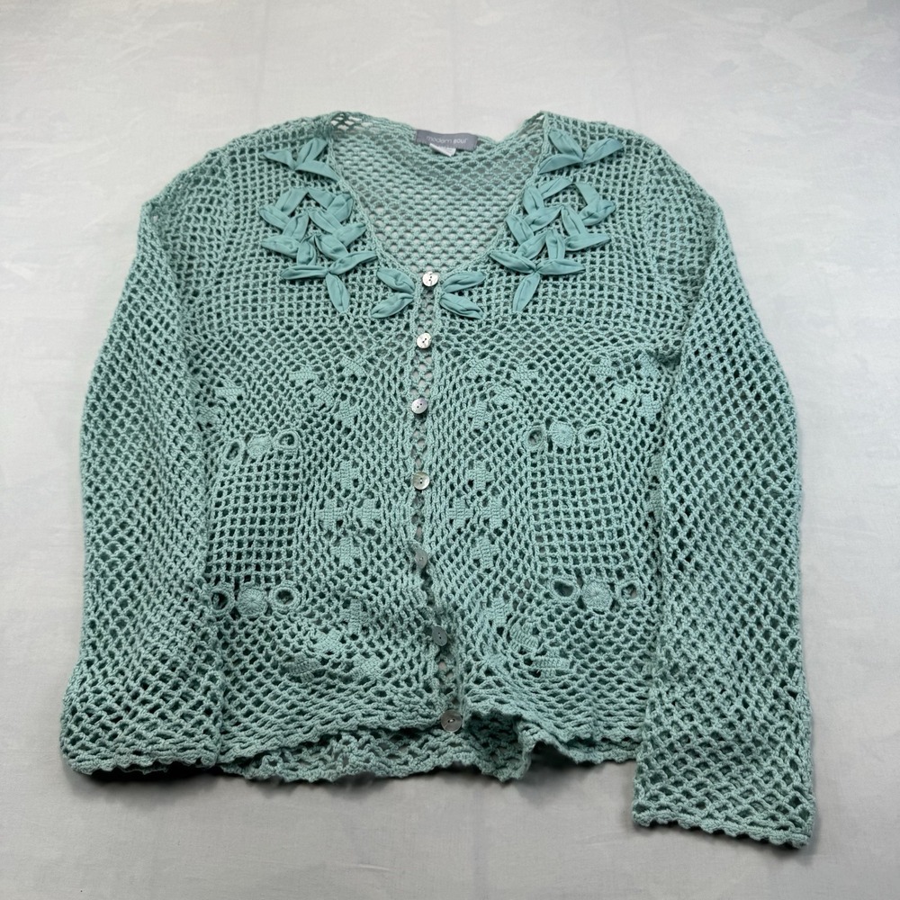 Modern Soul Teal Linen Blend Crochet Floral Ribbon Cardigan Sweater Womens XL